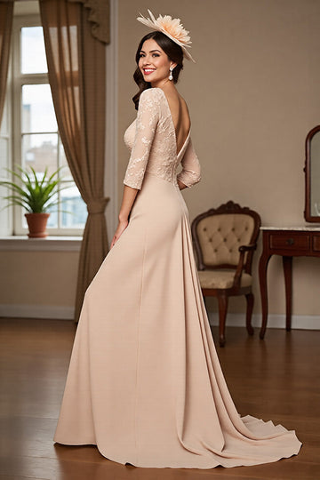 Apricot Mermaid 3/4 Sleeves Long Mother Of The Bride Dress With Lace